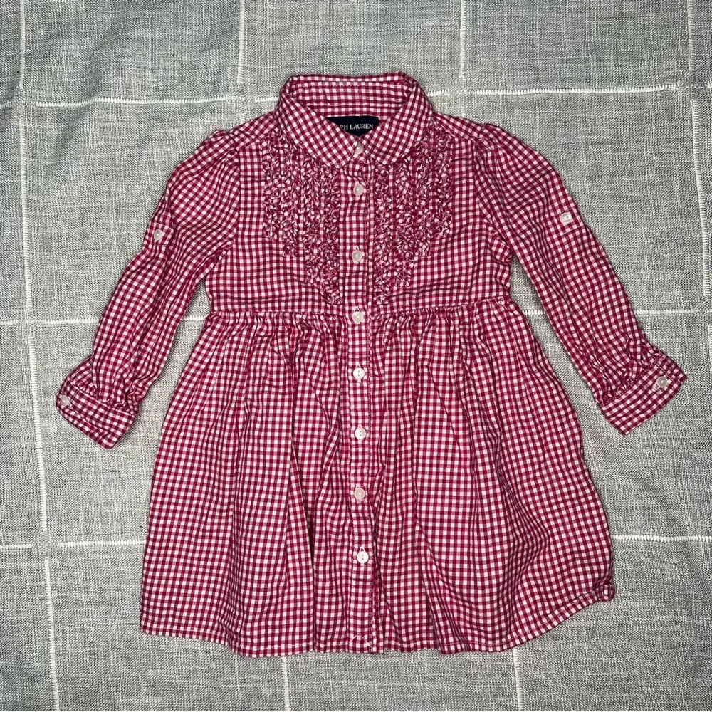 Ralph Lauren 12 Months Pink White Gingham Plaid Dress Long‎ Sleeves Roll Tab